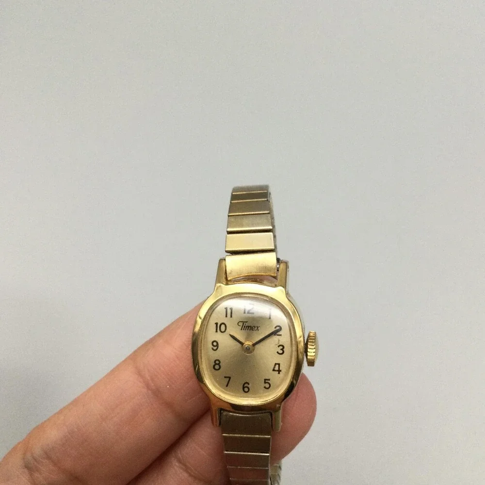 Vintage Timex Women Watch 17mm Champagne Dial Gold Manual Wind Stretch Band
